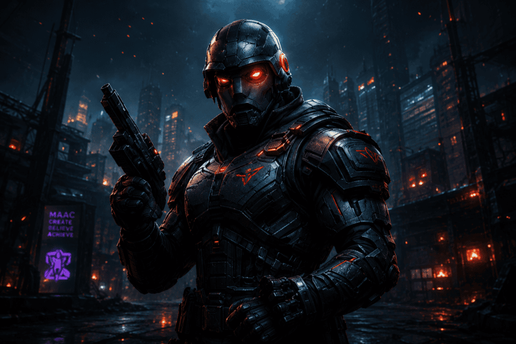 Cyber soldier in advanced armor holding a gun in a dark, futuristic city with glowing lights and tal.