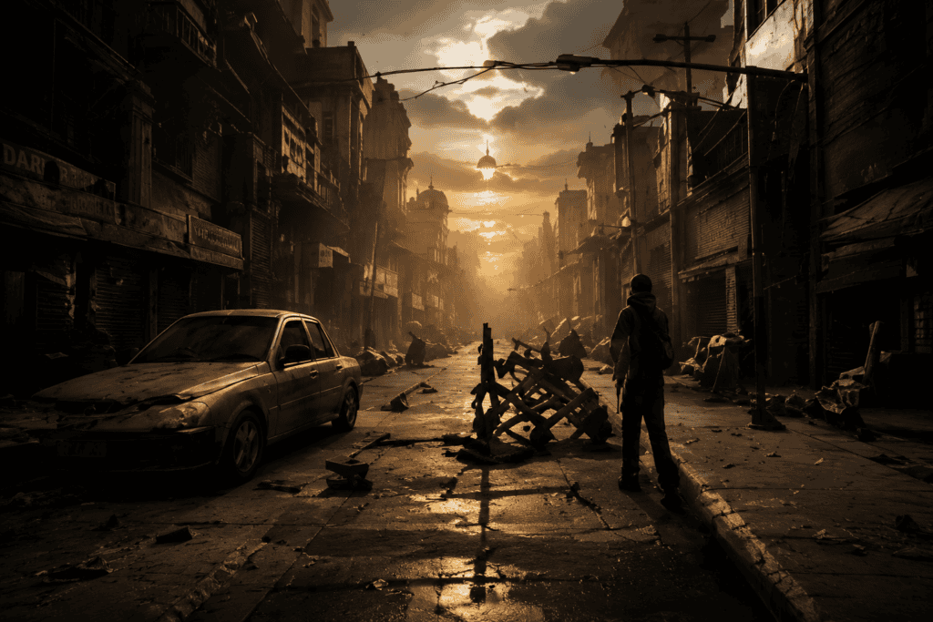 MAAC Kolkata, animation, digital art, city destruction, urban chaos, post-apocalyptic scene.